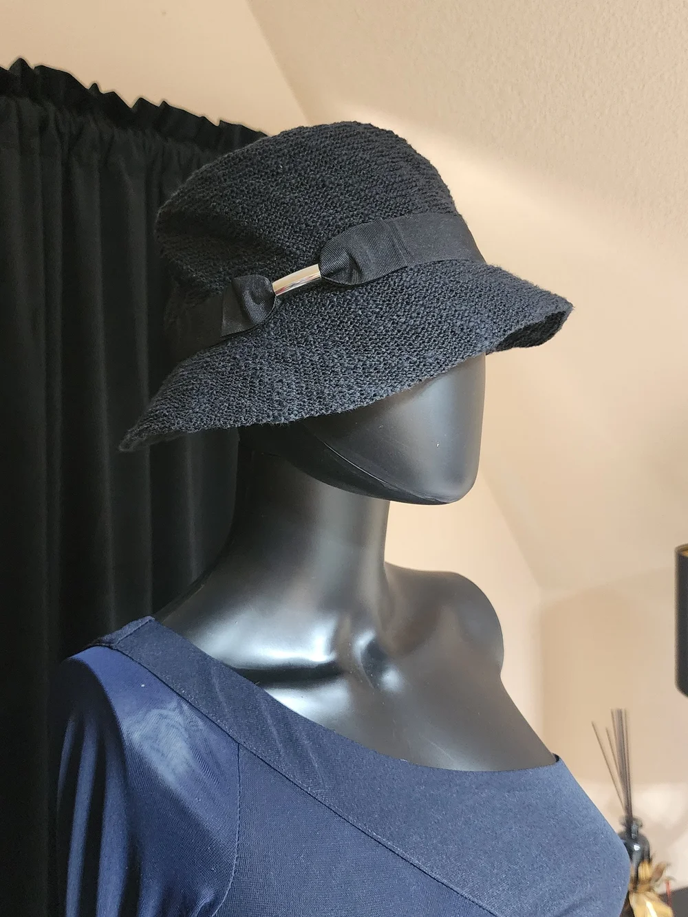 KELLY & KATIE Black Cotton Bucket Hat Ribbon Accent One Size NWT